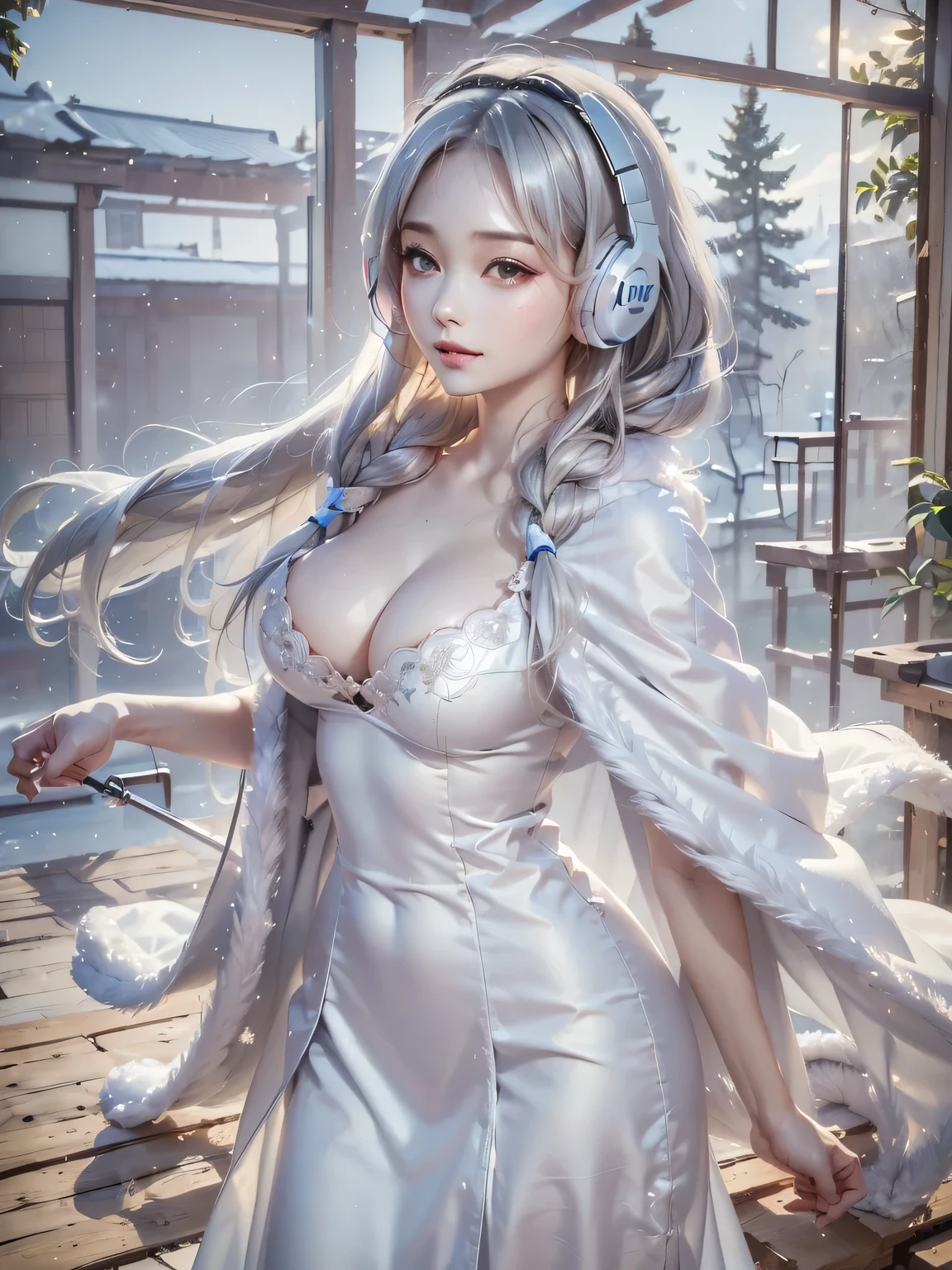 ((face, style)).((masterpiece:1.5))((1 girl, alone、Woman wearing giant headphones:1.5、Fur coat、Detailed face、Big Eyes、Bright expression、small breasts, cleavage、Best Looks、Ultimate beauty、Shiny silver hair with highlights、明るい and shiny hair,、Modern Hairstyles、Hair dancing in the wind))(morning、indoors)Please look away from here、Beautiful profile, Wearing Headphones