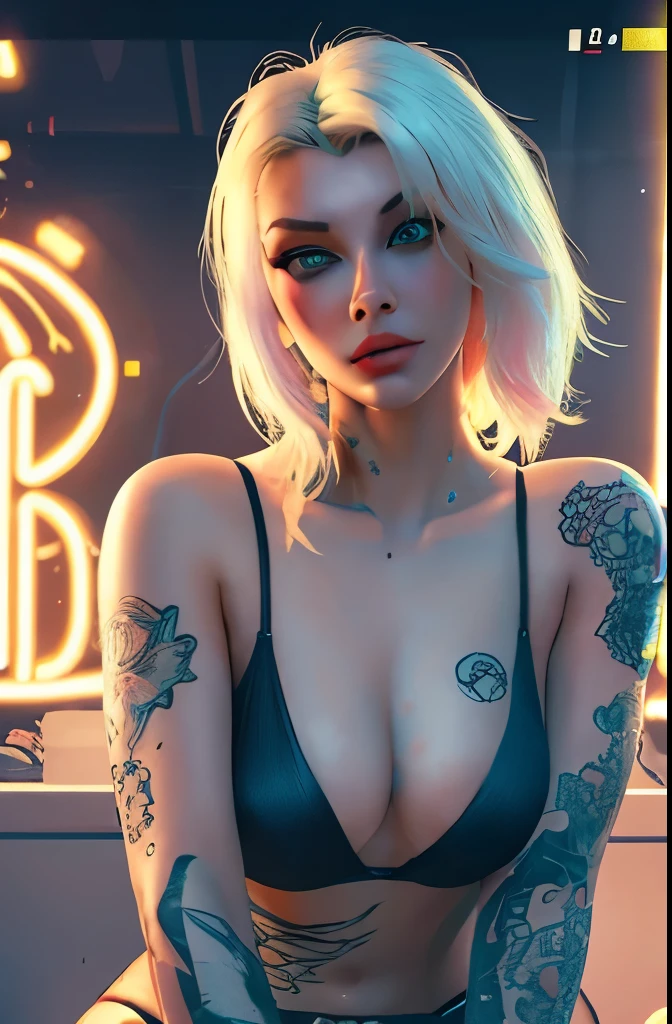beautiful blonde woman from cyberpunk 2077, full body, Tattoo on chest, Cybernetic eye, hyperrealism, neon, pink and yellow smoke,