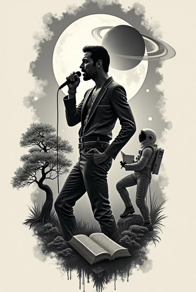 Create me a tattoo with these components in black and gray Freddie Mercury shadow singing Hummingbird Moon phases Bonsai book Astronaut Saturn 