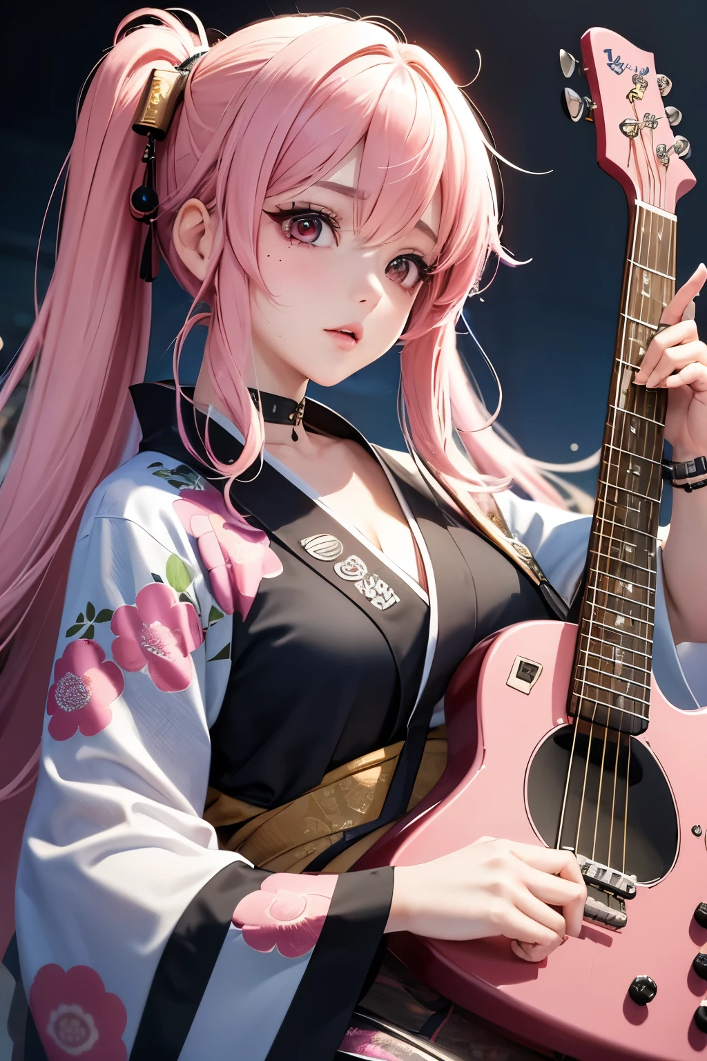 masterpiece, best quality, very detailed, high resolution, expensive resolution, high resolution, 4K, 8k, Unity 8k wallpaper, highly detailed CG, masterpiece, 2D, 3D, beautiful details, depth, fine texture, best quality: 1.3, perfect focus, crispy skin, he,
Very cute anime girl, girl playing baseguitar vocals in a band wearing a Japanese fancy floral haori hakama, on outdoor stage, full body, expensive pink twin tail hair, mole under eye, looking at the viewer, expensive, blush, mole, lips open, , heart choker, pink eyes, guitar vocals, stage,Full body of an anime girl with pink twin-tailed hair wearing a Japanese kimono and playing a bass guitar on stage at a cyberpunk festival