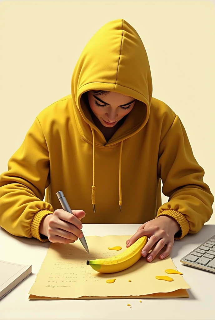A person writing with a banana