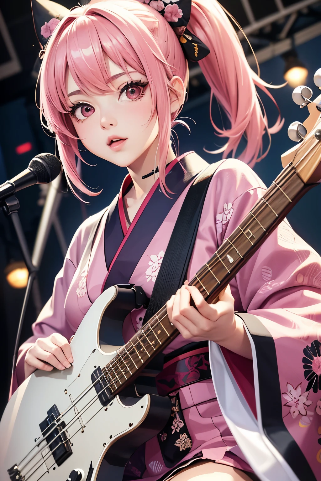 masterpiece, best quality, very detailed, high resolution, expensive resolution, high resolution, 4K, 8k, Unity 8k wallpaper, highly detailed CG, masterpiece, 2D, 3D, beautiful details, depth, fine texture, best quality: 1.3, perfect focus, crispy skin, he,
Very cute anime girl, girl playing baseguitar vocals in a band wearing a Japanese fancy floral haori hakama, on outdoor stage, full body, expensive pink twin tail hair, mole under eye, looking at the viewer, expensive, blush, mole, lips open, , heart choker, pink eyes, guitar vocals, stage,Full body of an anime girl with pink twin-tailed hair wearing a Japanese kimono and playing a bass guitar on stage at a cyberpunk festival