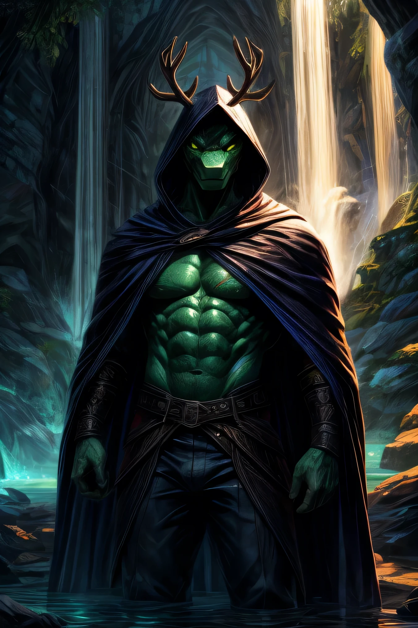Male Dragonborn furry dnd, robust, large and solid body, big muscles, athletic body, cyan green emerald scales, emerald in his skin, green yellow eyes, wielding a greatsword, black fabric large pants, using black medieval clothes, shirtless, using a ripped black cape, posing in underground with bioluminescent mushrooms and blue purple fungi everywhere with a campfire in dark with a lagoon and a waterfall, sad, frown, white hair, hood, antlers, scar across eye, scar on cheek, rolling eyes, dashed eyes, empty eyes, hollow eyes, eye reflection, sparkling eyes, snake pupils, sanpaku, bat ears, earrings, chiaroscuro, cinematic lighting, glowing light, ray tracing, reflection light, bloom, drop shadow, silhouette, wide shot, Baroque, Impressionism, highres, best quality, high details, super detail, textured skin, accurate, masterpiece, UHD, retina