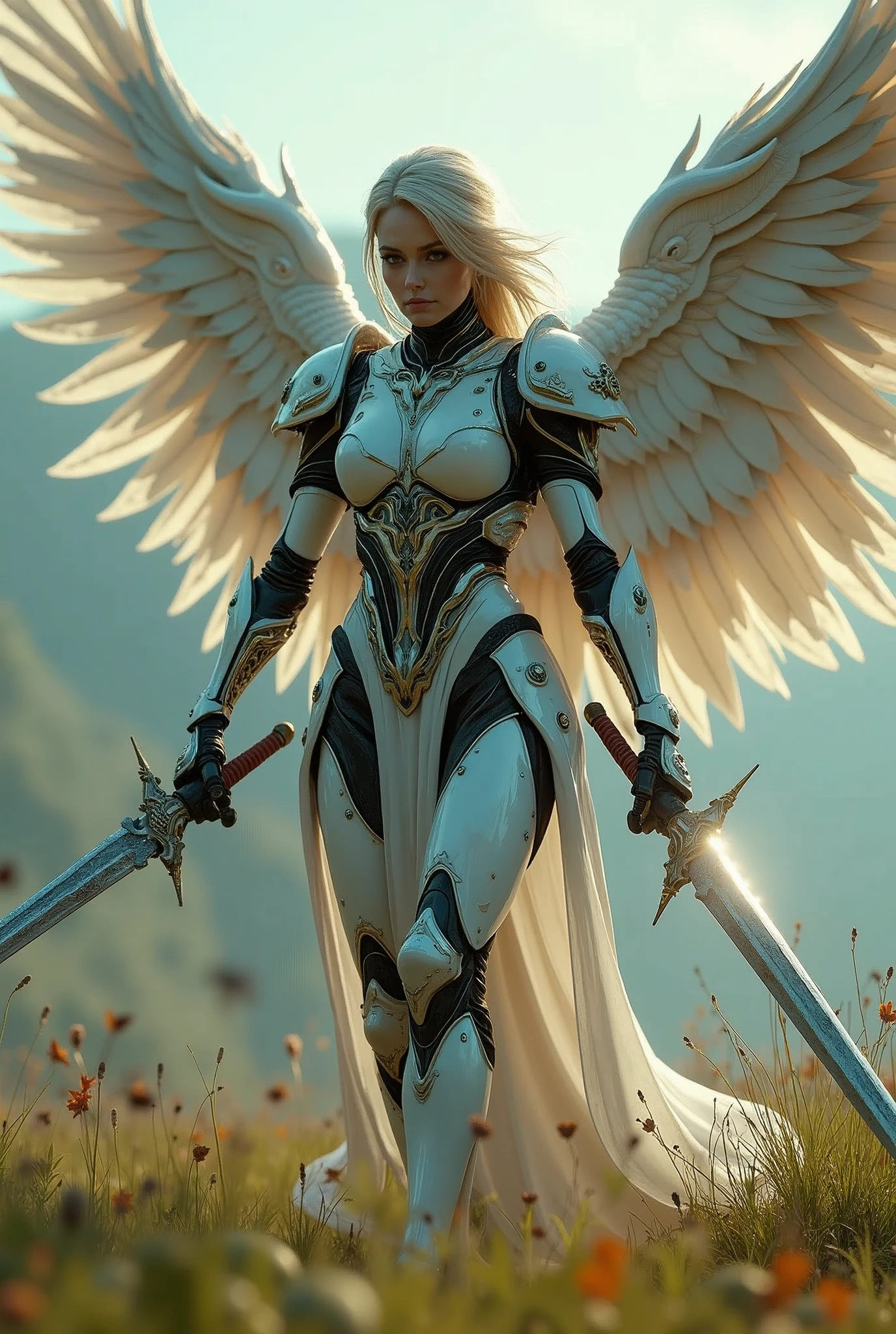 REAL - style image of a woman with a sword in a field, beautiful cyborg angel girl, angel knight girl, as a mystical valkyrie, battle angel, angel in plastic armor, mechanized valkyrie girl, unreal engine 4k wallpaper, wraith from apex legends, epic angel wings, trending in cgsociety, valkyrie, unreal engine fantasy art