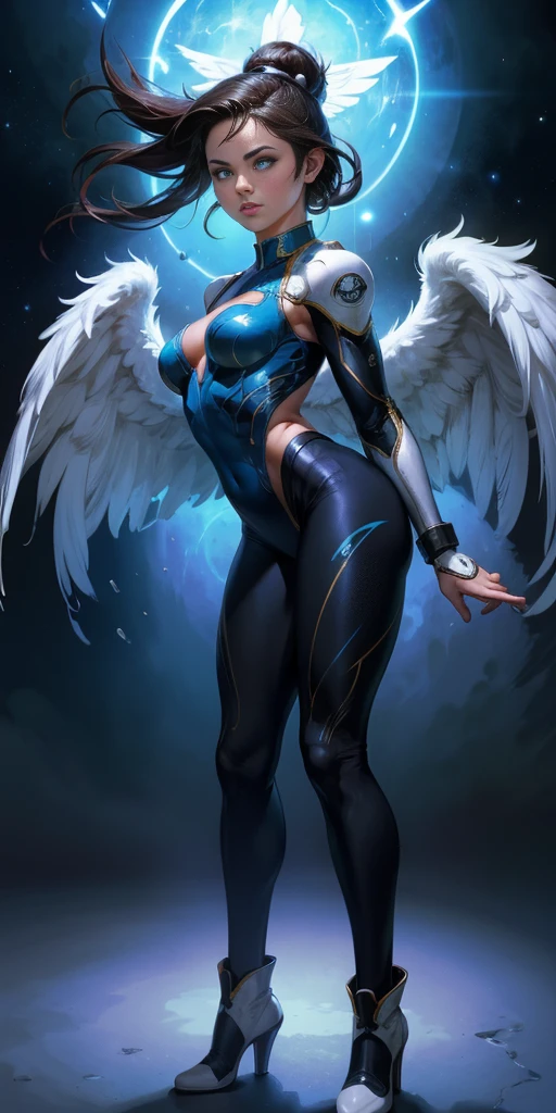 "Selena Gomez, Chun-Li V2.1, fusion, Whole body, dynamic pose, floating hair, powerful expression, blue and white wrestling suit, White boots, Leggings negros, Angel wings, cosmic background, neon lighting, Detailed face, bright Eyes, Perfect skin, Realistic proportions, 8k, Unreal Engine, photorealistic, detailed skin texture, masterpiece, Best Quality."