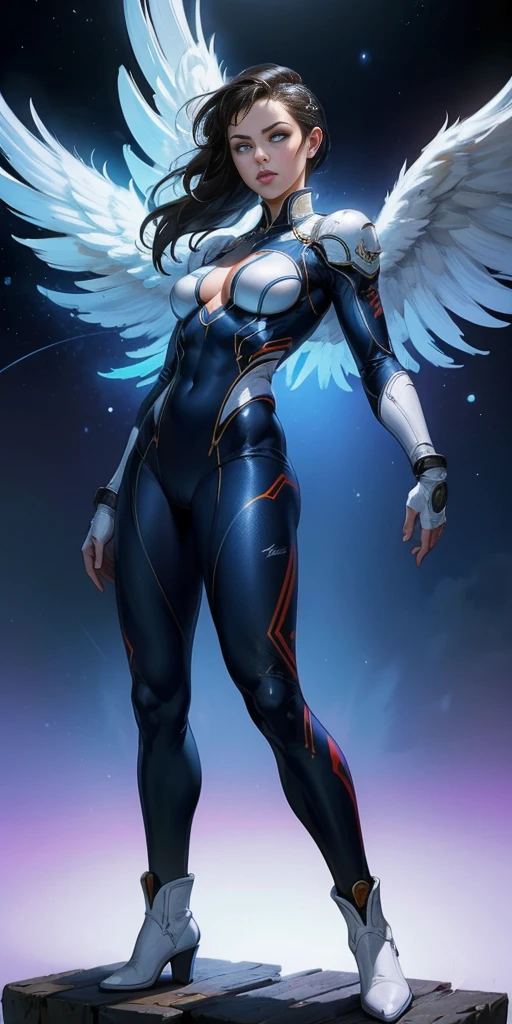 "Selena Gomez, Chun-Li V2.1, fusion, Whole body, dynamic pose, floating hair, powerful expression, blue and white wrestling suit, White boots, Leggings negros, Angel wings, cosmic background, neon lighting, Detailed face, bright Eyes, Perfect skin, Realistic proportions, 8k, Unreal Engine, photorealistic, detailed skin texture, masterpiece, Best Quality."