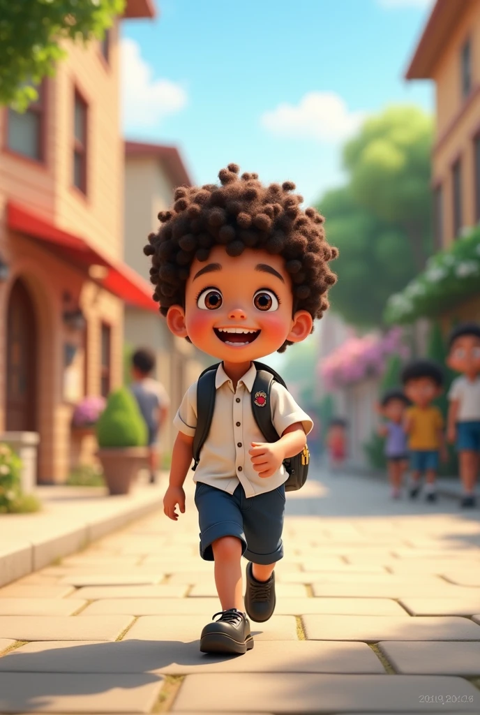 Create an animated image showing a three--old with dark brown curly hair on his way to school.