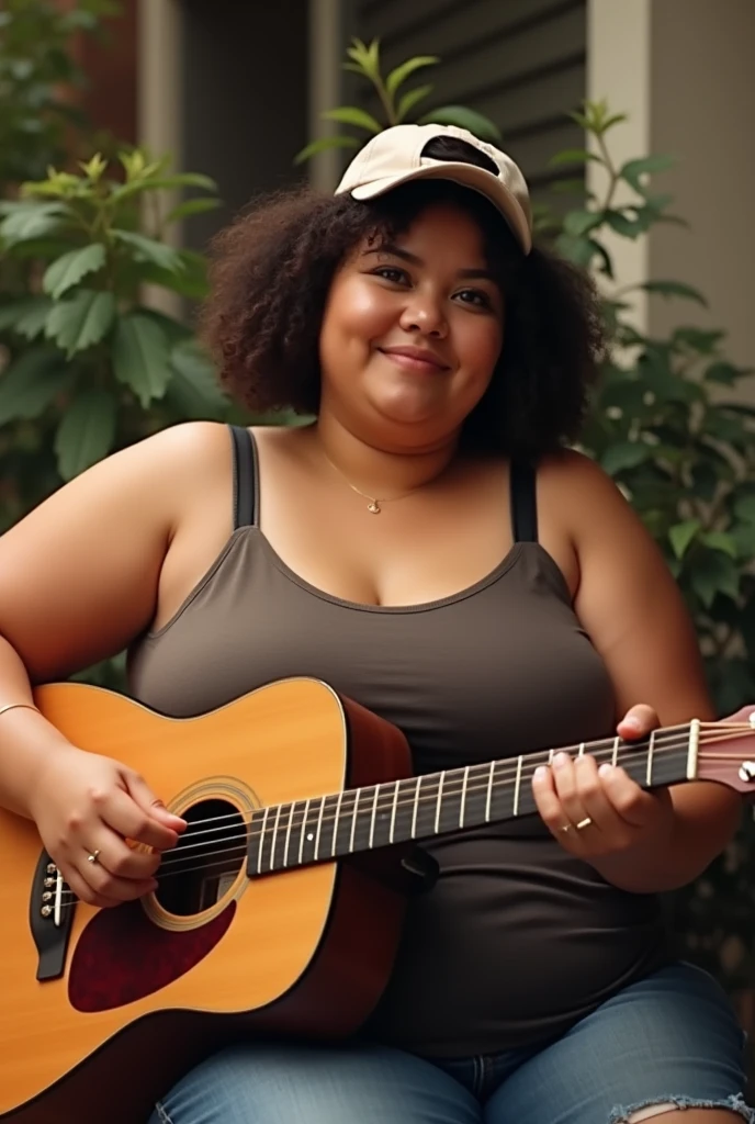 A chubby woman with short curly hair wearing a backwards cap, that is playing an acoustic guitar, He is wearing a tank top with thick straps