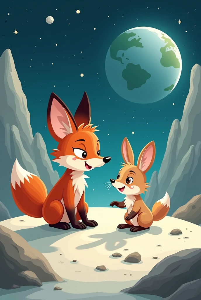 How a fox and a rabbit cub come out on the moon in cartoons 