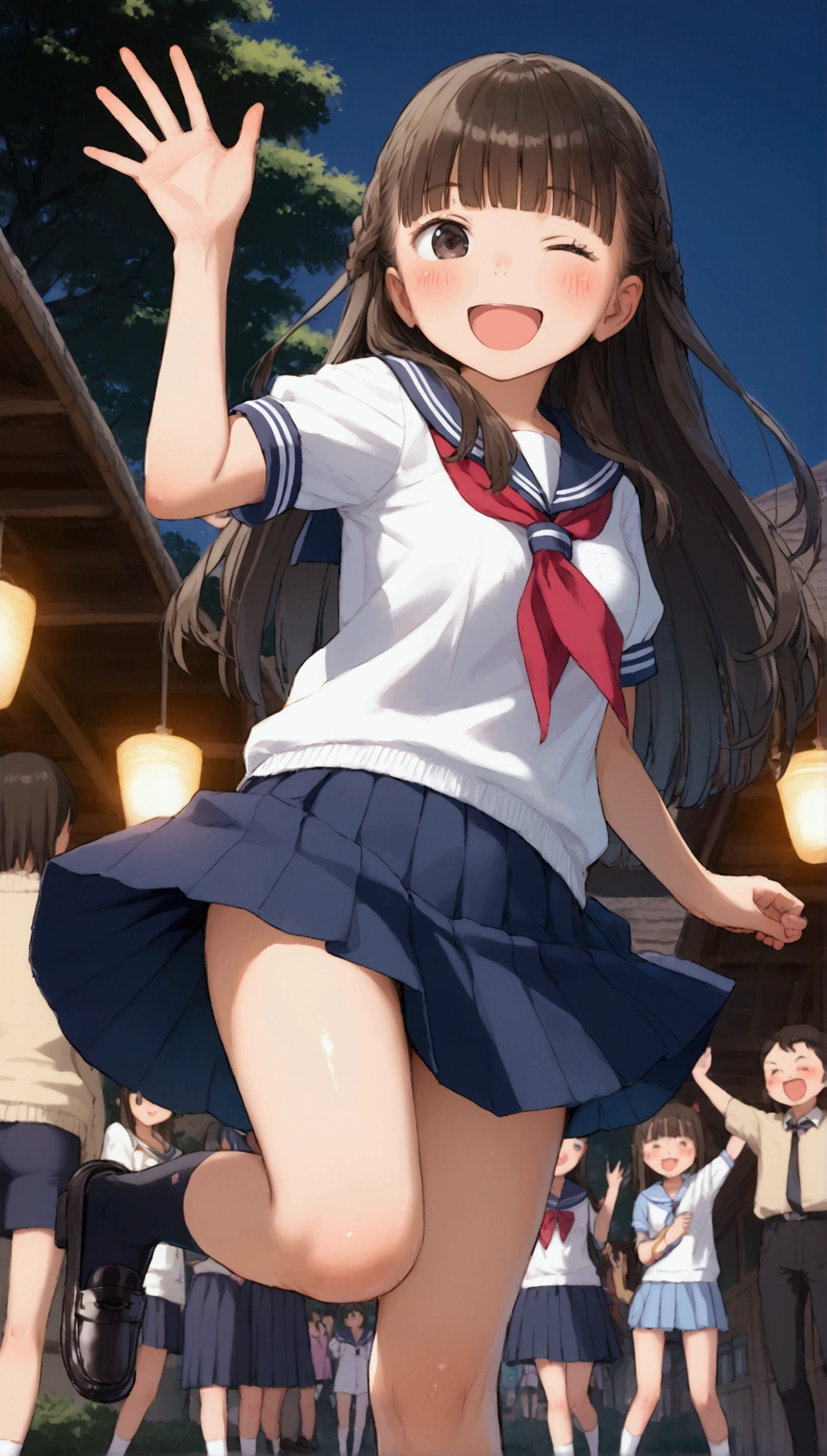 {Highest quality}, {Super beautiful},{Ultra fine},{Best illustration},Brown Hair,Hime cut,long hair,Braid,One woman,Standing Woman,Strike a pose,Adult women,smile,Excited face,Wink,Sailor suit,cardigan,Short sleeve,skirt,Night Festival,Blushing,Slender,Black knee-high socks,Black Loafers,From an angle,From below,Lift one leg up,Waving with both hands