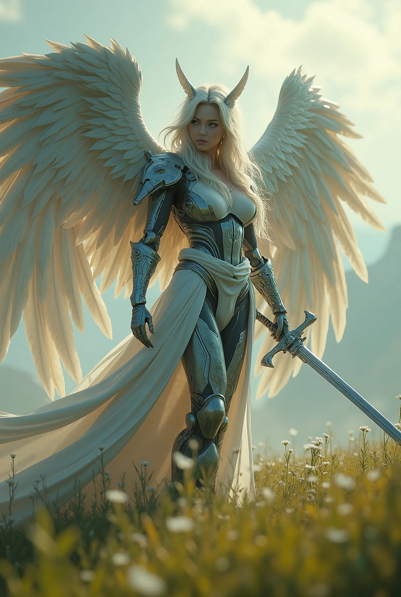 REAL - style image of a woman with a sword in a field, beautiful cyborg angel girl, angel knight girl, as a mystical valkyrie, battle angel, angel in plastic armor, mechanized valkyrie girl, unreal engine 4k wallpaper, wraith from apex legends, epic angel wings, trending in cgsociety, valkyrie, unreal engine fantasy art