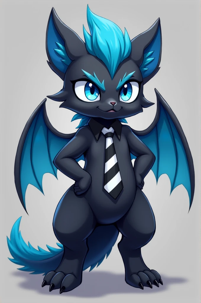 An anthropomorphic fursuit-style character with the appearance of a dragon or bat. His fur is black with bright blue details., including the eyes, Hair, and the wings. He wears a black and white striped tie.