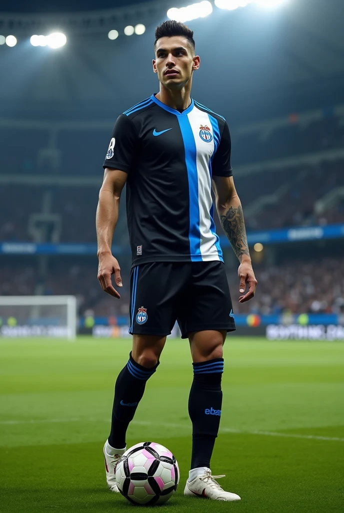 Design me a soccer uniform with black colors, White and blue