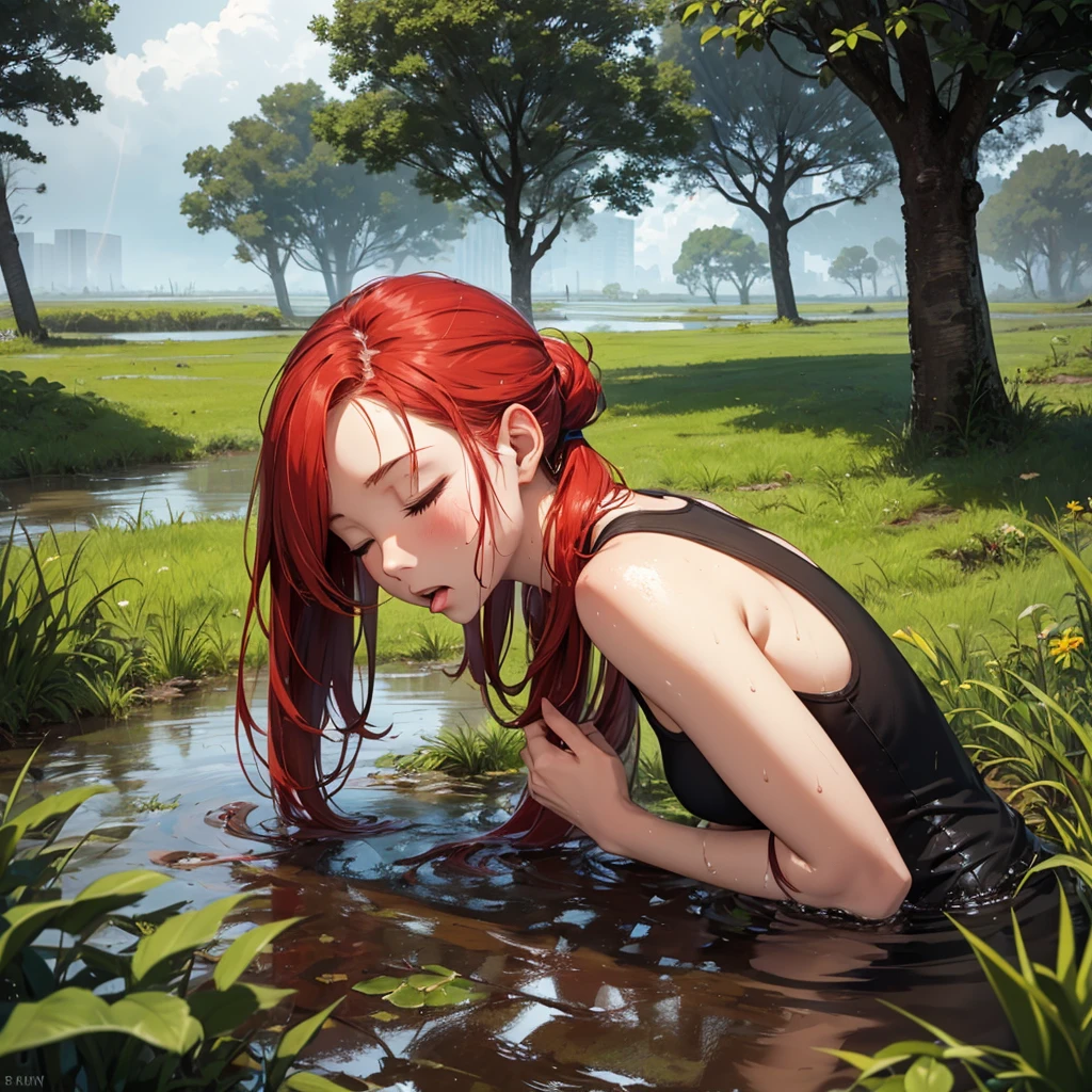 Ginger girl drowned in mud, bog, grass, trees, muck, orgasm, looking up, eyes closed, mouth open, stormy weather, Solo, From Side, wearing tank top, red hair in ponytail,