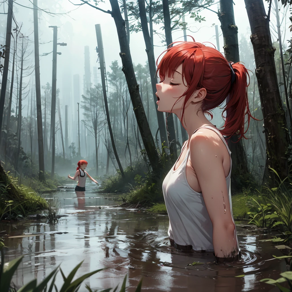 Ginger girl drowned in mud, bog, grass, trees, muck, orgasm, looking up, eyes closed, mouth open, stormy weather, Solo, From Side, wearing tank top, red hair in ponytail,