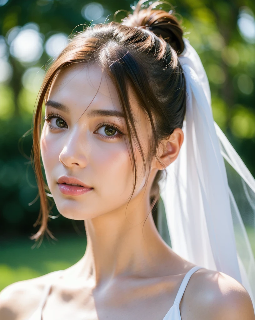 (1girl), ponytail, Extremely cute face, Amazing face and eyes, (Highly detailed eyes, Highly detailed face), fresh, Very clean appearance, (Hyper-realistic, hight resolution), (Best Quality:1.4), (hyper quality), Authentic skin texture, Raw photo, (Realistic, Photorealsitic:1.37), highly detailed, Professional Photography, (beautiful lace bridal dress:1.5), (lace bridal dress with open front), (cleavage:1.2), (Bare shoulders), Smile slightly, (Staring at me), luxury living room, girl portrait,