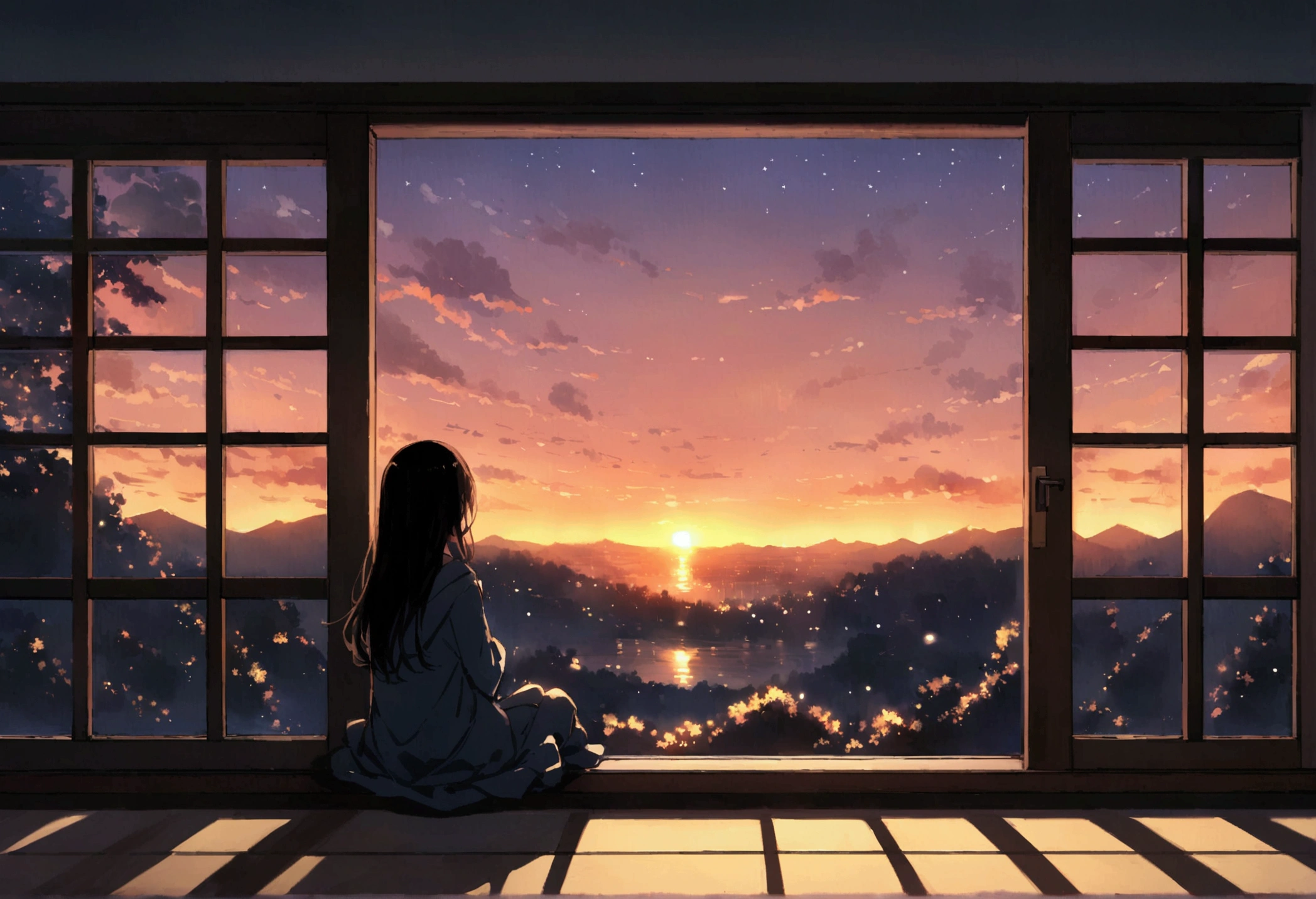 sunset, window,Sitting, , 大きなwindow, windowから海が見える, windowから地平線が見える,