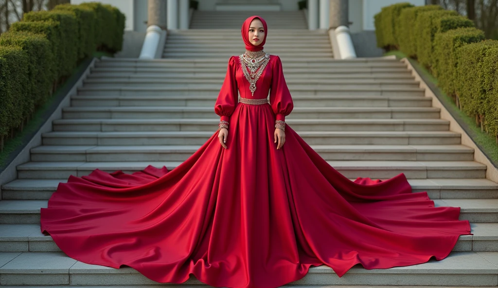 An malay woman in glamorous mermaid gown with long ballon sleeve, wear jewellery, wear modern satin hijab, entirety of fabric over botom dress about 7 meters in length trailing dramatically, glamours style, overlong dress train, extreme detail on the texture of the fabric, wear high heels, sexy pose outdoor, beautifull bright lighting, ultra realistic, high-resolution photography.