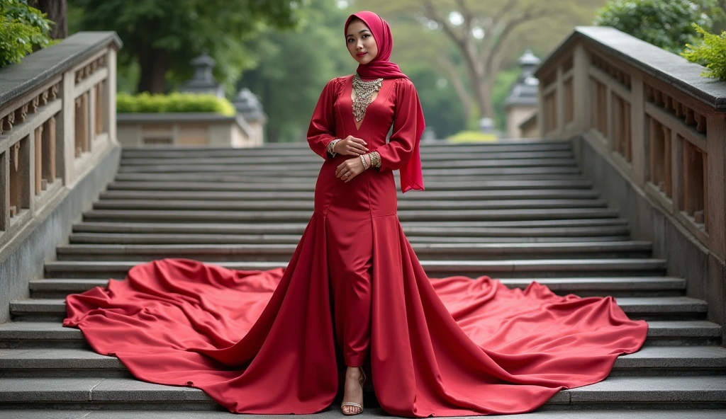 An malay woman in glamorous mermaid evening dress, long ballon sleeve dress, wear jewellery, wear modern satin hijab, entirety of fabric over botom dress about 7 meters in length trailing dramatically, glamours style, overlong dress train, extreme detail on the texture of the fabric, wear high heels, sexy random pose in outdor stair, beautifull bright lighting, ultra realistic, high-resolution photography.