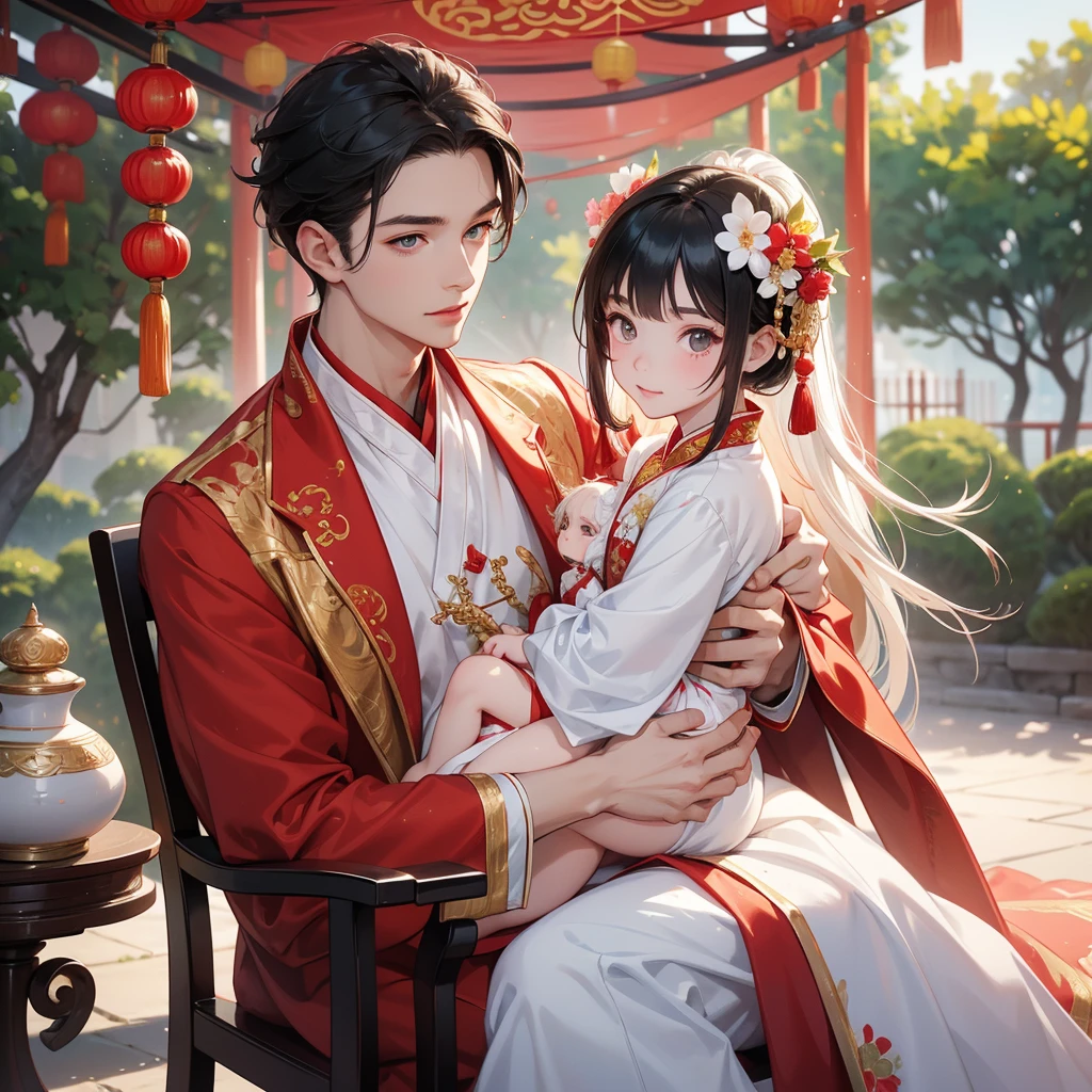 a handsome young man with good face and gentle face, wearing a white ancient Chinese costume, sitting on chair, hugging his adorable Chibi baby girl 1 year old, who is 1 year old, with black hair in a red Chinese new year costume, int he morning, there is sunlight shining in the front yard garden , smiling.