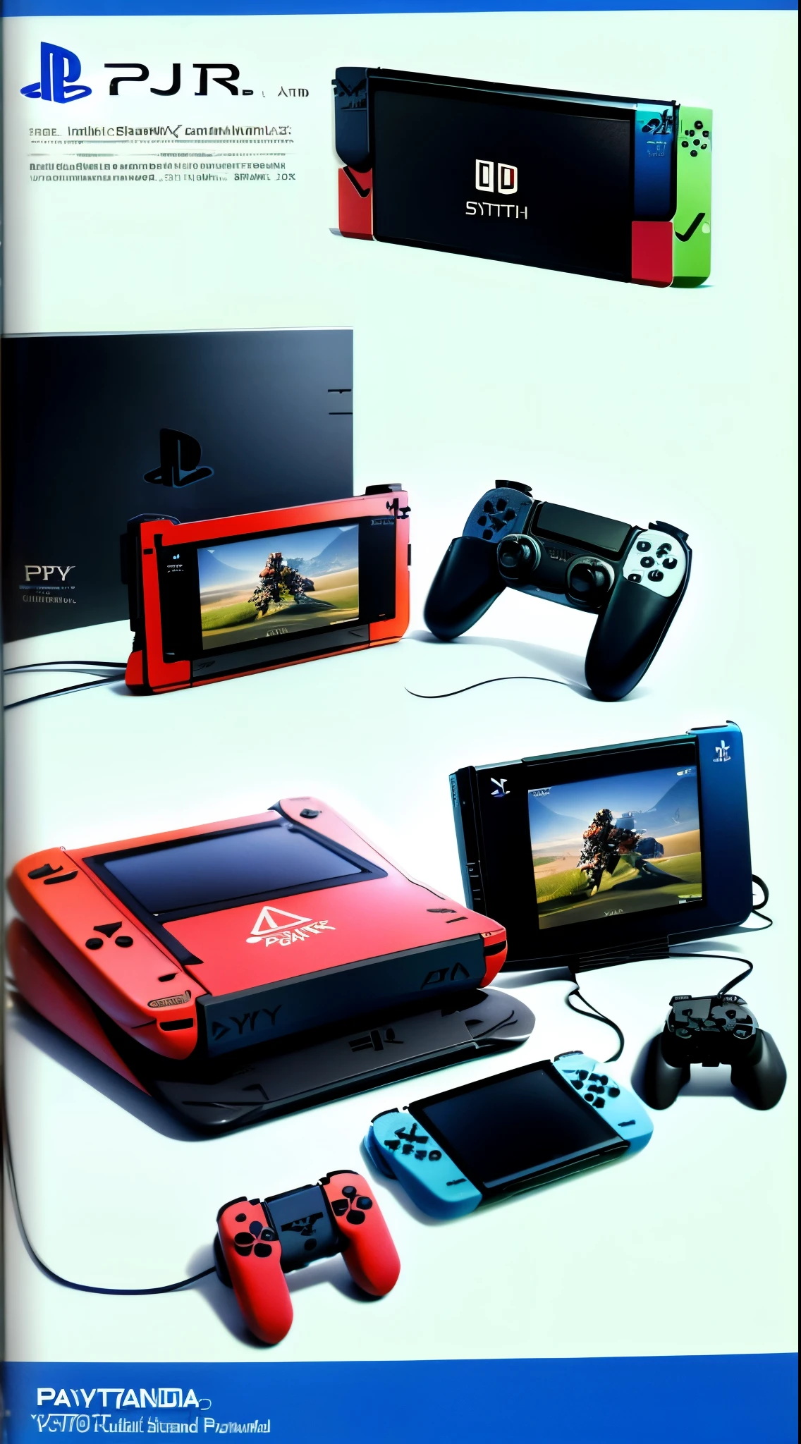 Game console, (NintendoSwitch and PlayStation combined), futuristic design, simple background, advertisement for game console,