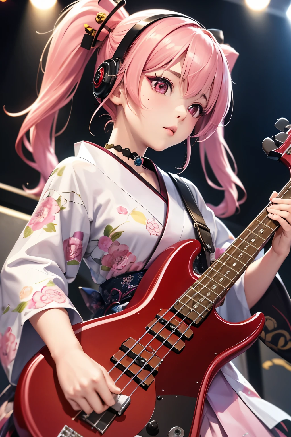 masterpiece, best quality, very detailed, high resolution, expensive resolution, high resolution, 4K, 8k, Unity 8k wallpaper, highly detailed CG, masterpiece, 2D, 3D, beautiful details, depth, fine texture, best quality: 1.3, perfect focus, crispy skin, he,
Very cute anime girl, girl playing Bass guitar vocals in a band wearing a Japanese fancy floral haori hakama, on outdoor stage, full body, expensive pink twin tail hair, mole under eye, looking at the viewer, expensive, blush, mole, lips open, , heart choker, pink eyes, guitar vocals, stage、Full body of an anime girl with pink twin-tailed hair wearing a Japanese kimono and playing a bass guitar on stage at a cyberpunk festival