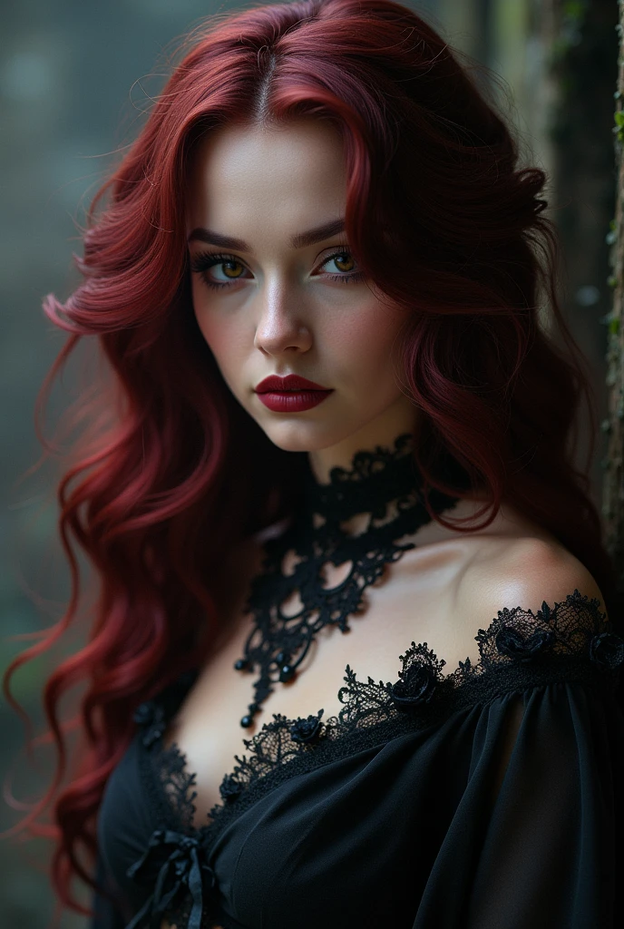 League of Legends character gothic woman, with wine red hair, Curly hair, light brown eyes