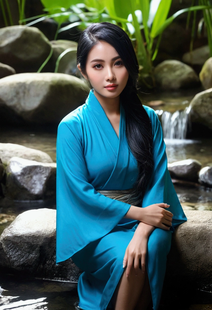 Model wanita cantik,usia 27 tahun,suku bangsa jepang,tipe tubuh tebal,kulit putih,dada besar,pantat besar paha tebal,menghadapi senyum menggoda,warna rambut hitam,tipe rambut sanggul,warna mata biru,pakaian not wearing a single cloth,jarak foto seluruh tubuh,sudut pandang seluruh tubuh,tipe layar potrait,tindakan pose pamer vagina,tempat onsen,lampu adegan sinematik,gaya realisme