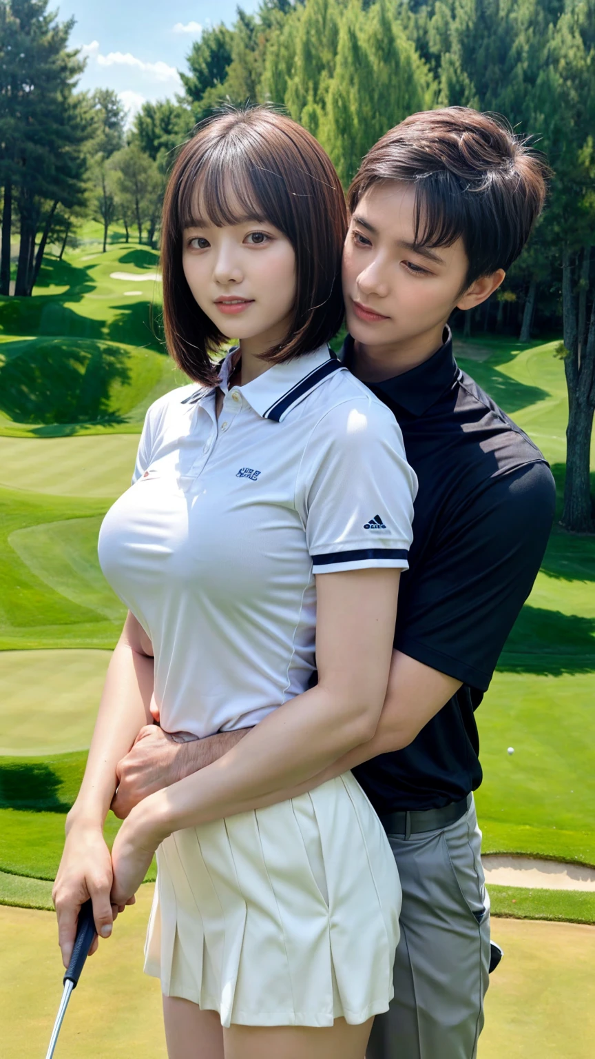 1 young office lady being hugged from back by 1 man:1.2,close to each other:1.1), (man's hand touching her breast:1.1),very cute face,bob cut,white skin-tight golf uniform,embarrassed,golf course,perfect ???????, masterpiece, best quality,8k,perfect face,from front,upper body