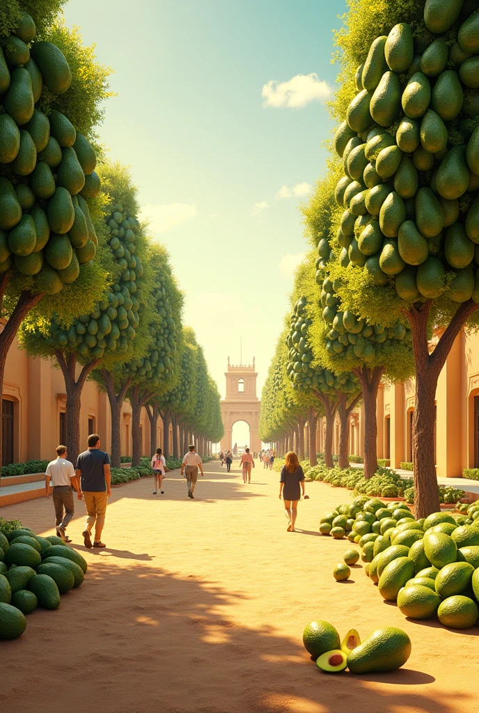 piece of arid land with avocados on its surface, located in a square with passersby 