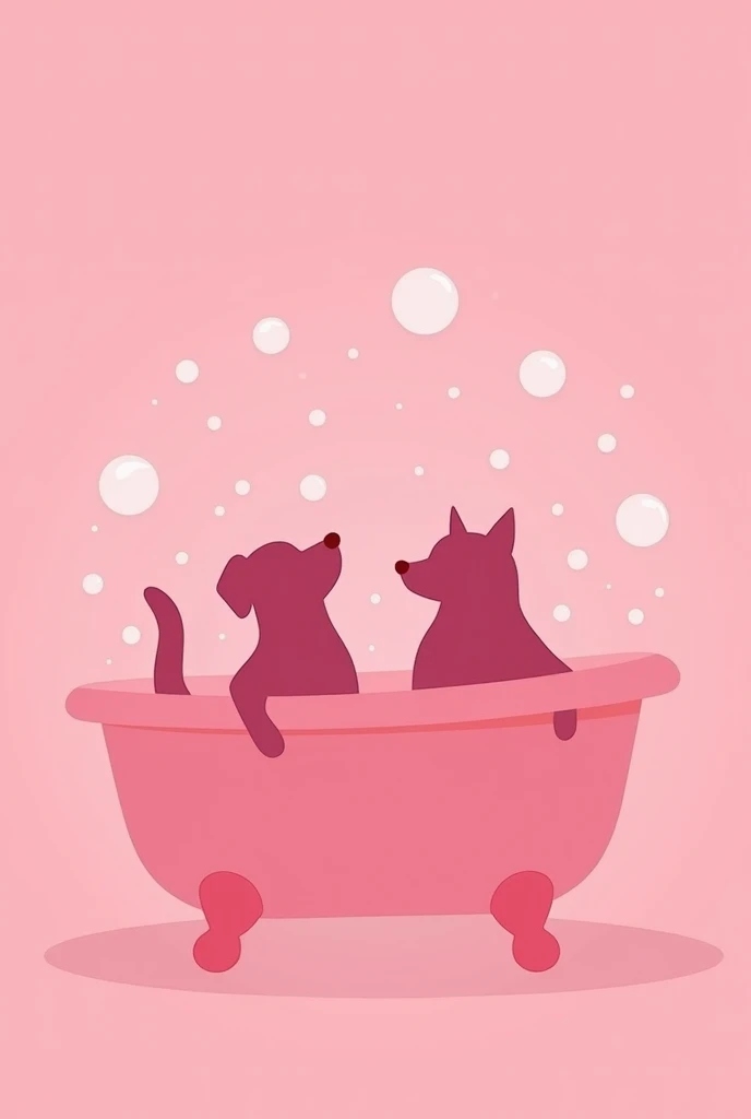 dog and cat silhouette in a minimalist bathtub, full of bubbles, PINK COLOR
