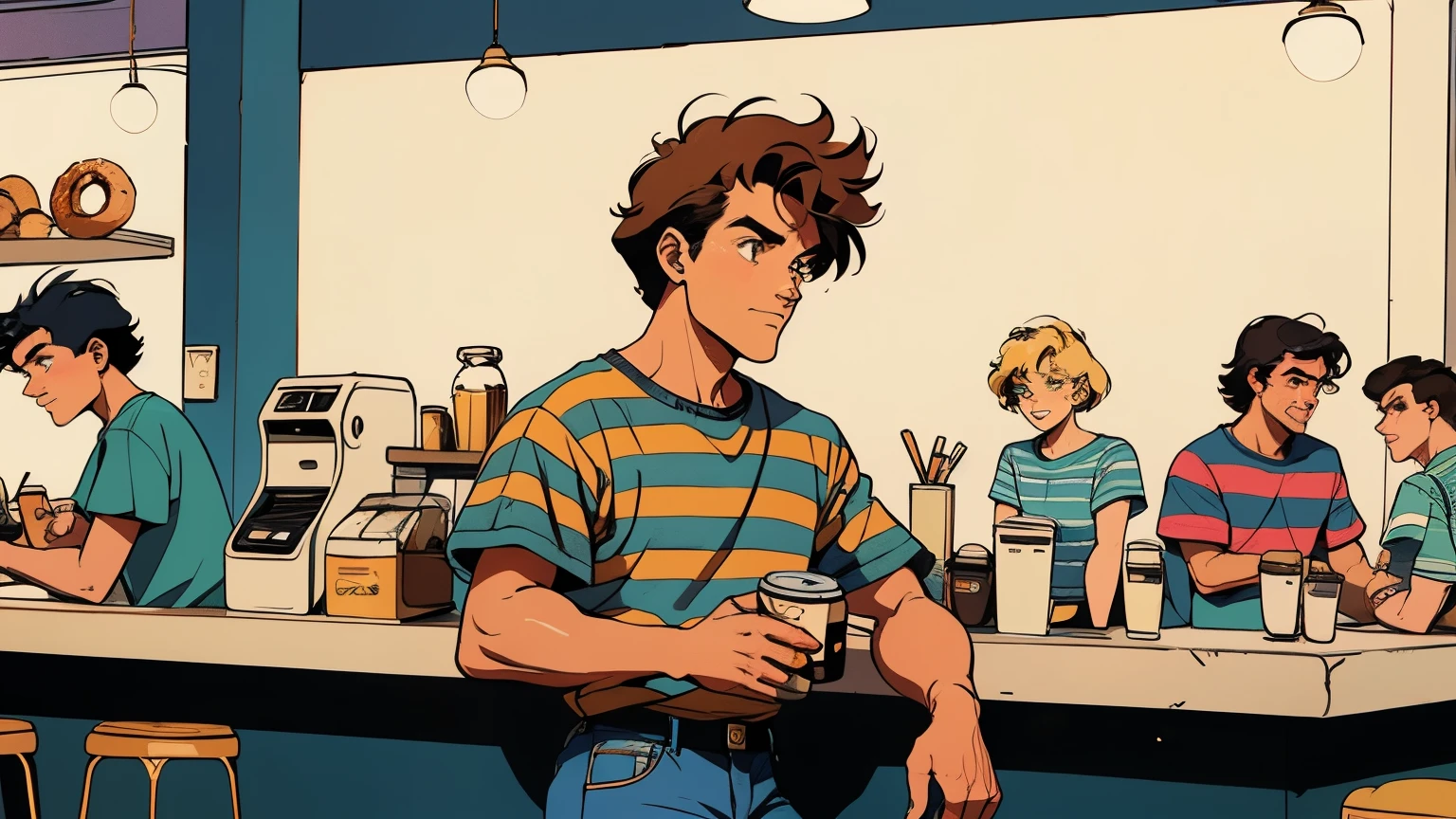 In the style of the 1980s、Please draw an illustration of a character taking a break in a cafe.。Characters、Enjoying donuts and coffee、He is wearing a striped T-shirt and jeans.。In the background、You can see the retro cafe interior and vintage cans lined up on the counter.。Eye color should be honey gold