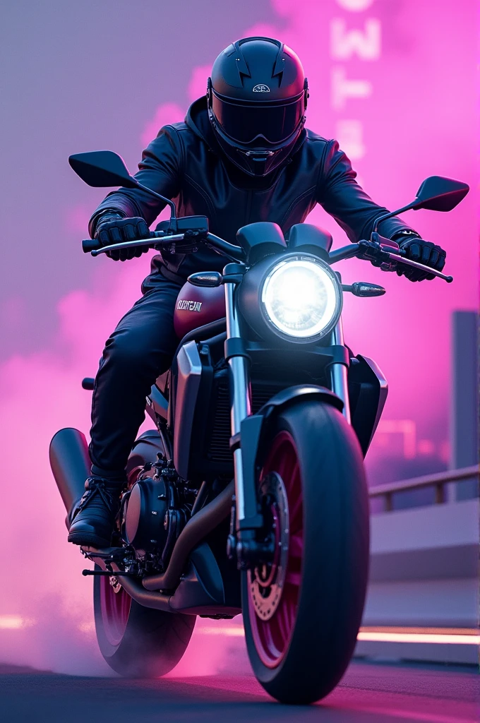 Young man on purple motorcycle with helmet