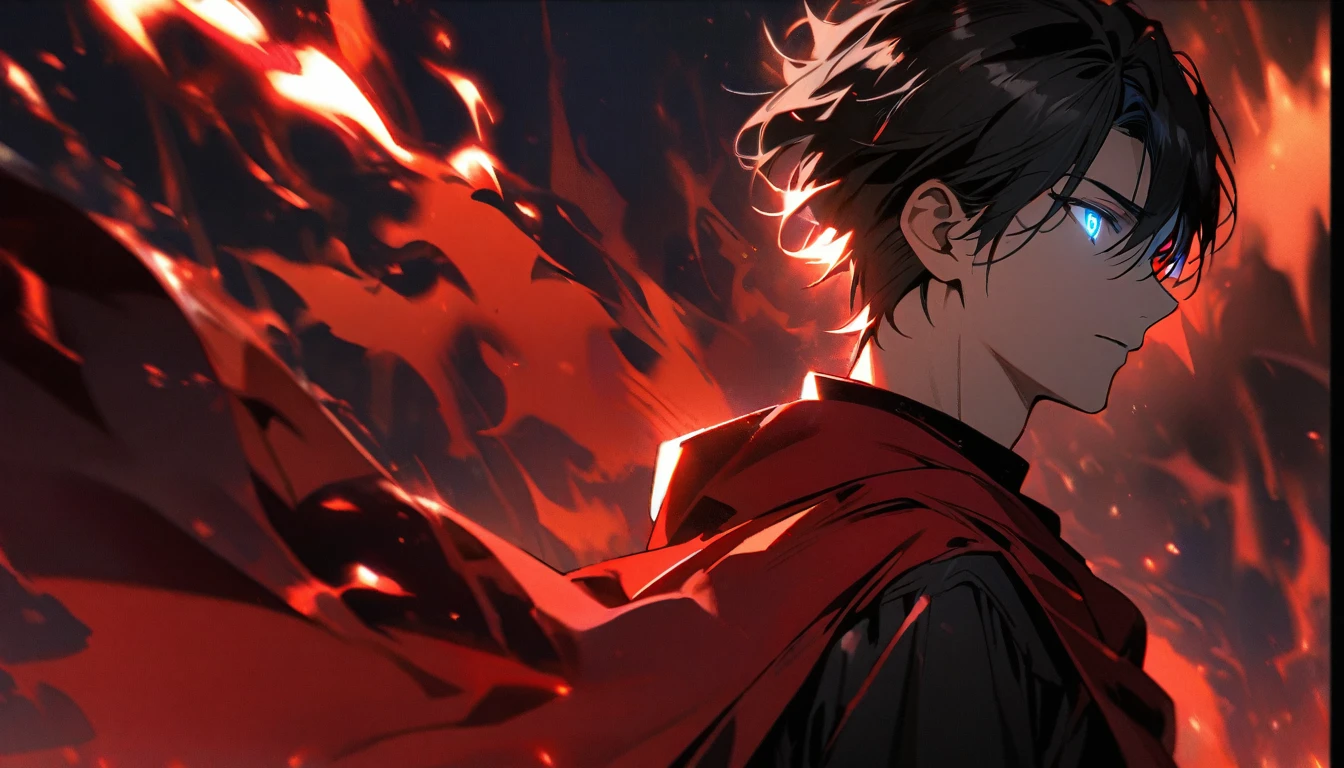 male, solo, handsome, red cloak, black hair, blue eyes, dark background,  teenager, black shirt, side view, macro picture, glowing eyes, aura