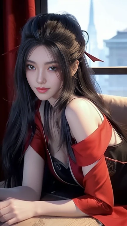 ((whole body)), 1 girl, Long hair, Black Hair, Mysterious smile, Fascinating eyes, Extremely detailed photos of the goddess, Three long thin red hairpins, Elongated eyebrows, tall, Snow-white skin, Medium breasts, Exposing chest, Very high color saturation, Off-shoulder, Transparent Clothes, long legs, raised eyebrows, light smile, Barefoot, bare legs, (Lie down1.2), Delicate face, Fluffy hair, (Transparent red satin skir), Small mouth, Surrealism, ray tracing, reflection light, Fujicolor, retina, masterpiece, anatomically correct, high details, highres, 8k, super detail