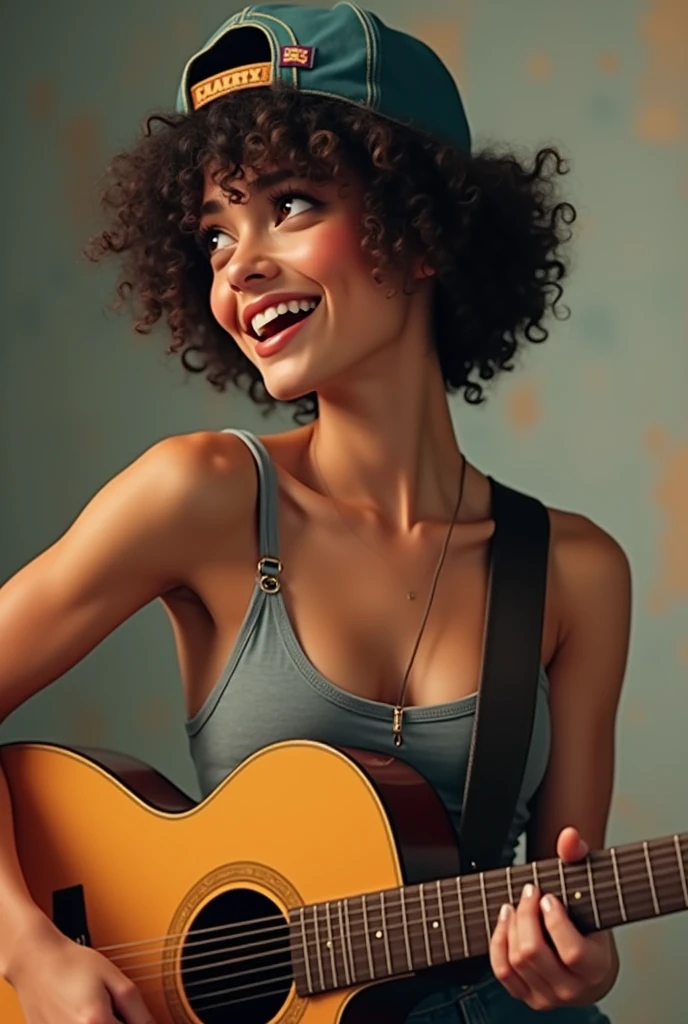 A NOT THIN woman with short curly hair wearing a cap backwards, that is playing an acoustic guitar, He is wearing a tank top with thick straps