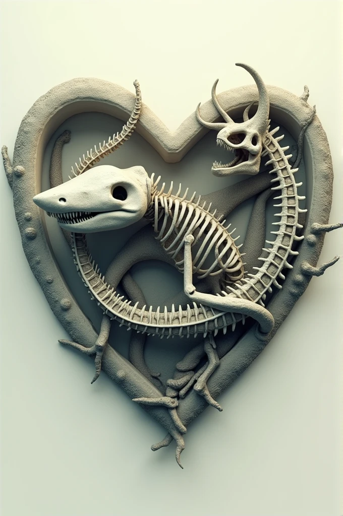 Shark skeleton and a dinosaur inside a heart