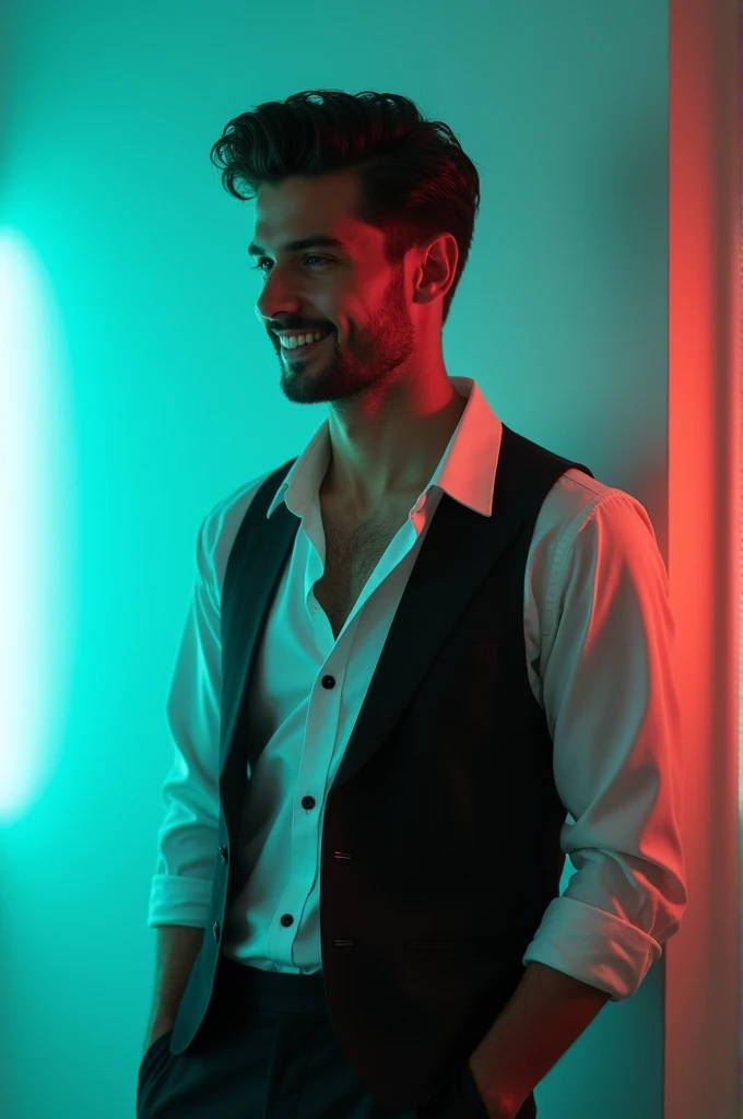 a young man with dark hair and a confident smile he is dressing a black Bazaar over a white shirt the man is positioned against apqua colour background with a subtle red lighting on the left side and he pushing for linked profile 