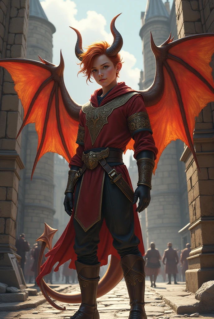 Draw a young man, brunette and redhead, with dragon wings and horns. Her hair combed to one side. This one has to be in a medieval city and wear clothes related to the fantastic medieval period and a guard uniform..