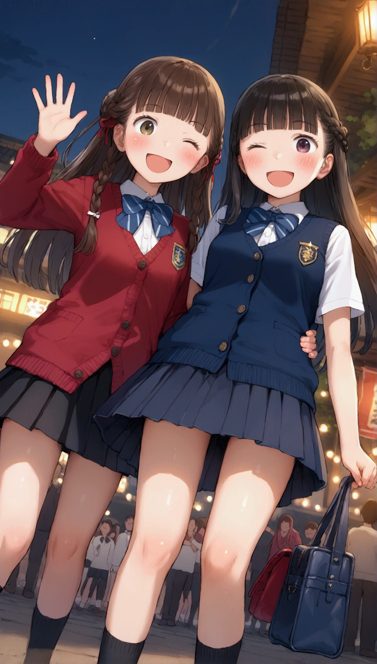 {Highest quality}, {Super beautiful},{Ultra fine},{Best illustration},Brown Hair,Hime cut,long hair,Braid,One woman,Standing Woman,Strike a pose,Adult women,smile,Excited face,Wink,uniform,cardigan,Short sleeve,skirt,Night Festival,Blushing,Slender,Black knee-high socks,Black Loafers,From an angle,From below,Inner thighs,Waving with both hands