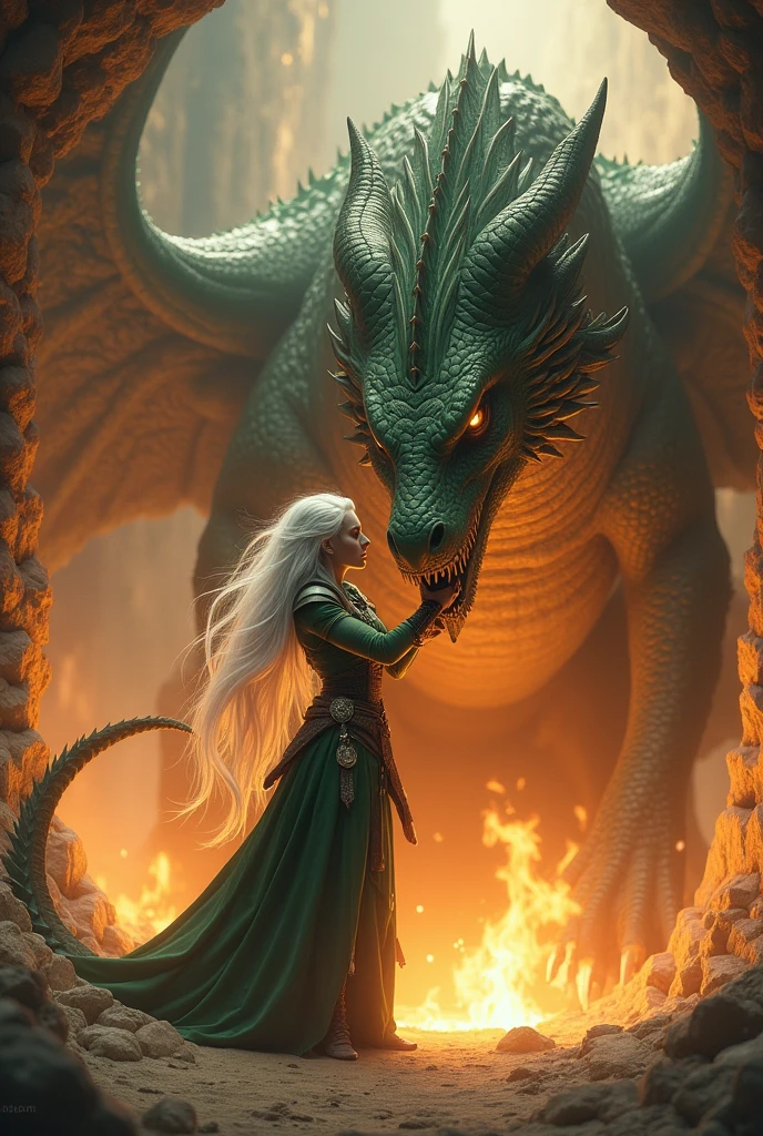A in green warrior clothing and an eye patch, long white hair, hugging the paw of her giant adult dragon. They find themselves in a giant cave with fire