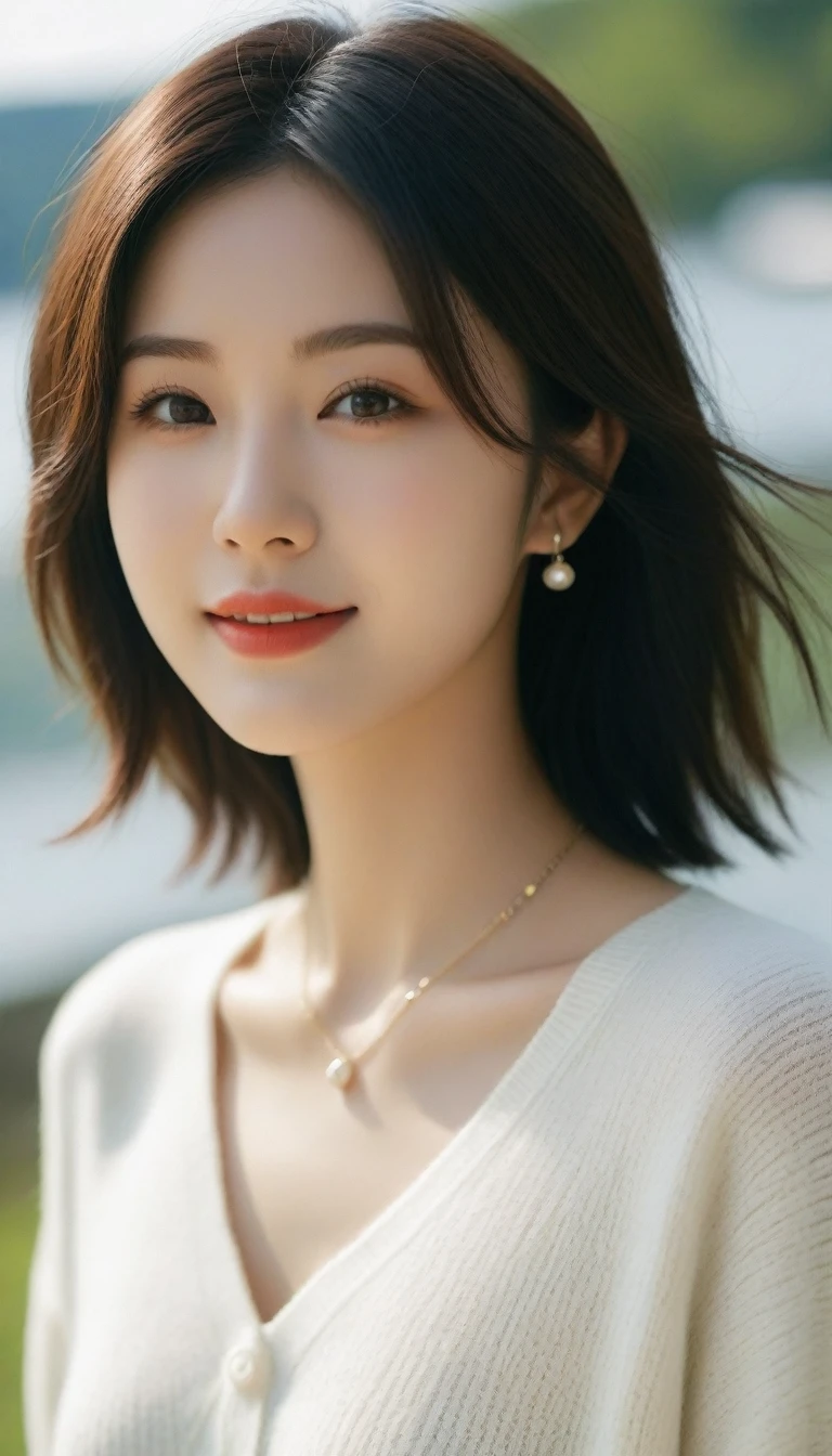 8k, Ultra-high resolution, Highest quality, masterpiece, 三分割法によるphotograph,Surreal, photograph, 1 Girl, (:1.3), pretty girl, Cute Face, 細部までBeautiful Eyes, 細かくdetailedに,masterpiece,One Girl:1.2,Japanese women,Young Wife,upper body,smile,Black hair,Wavy bob,(White summer knitwear:1.3),necklace,wood々Inside,Lakeside,Summer sunshine,wood漏れ日,(Beautiful attention to detail),Subtle details, detailedな顔, smile,Attractive girl,(のポートレートphotograph:1.4),(Photorealistic images:1.4),Fantasy art,(Beautiful Face:1.4),Beautiful and attractive eyes、Beautiful Eyes、(Tight waist:1.4)、(Beautiful with perfect body proportions:1.4),Pink Lips,Looking at the audience,(((Ideal body type))),A-cup small breasts :2,、Portraiture:2、Perfect Anatomy、鮮明なdetailed、detailed,Fashion magazine cover,Thin lips,完璧でBeautiful Face ,完璧でCute Face, Skin with attention to detail, Perfect limbs、Narrow waist,Surreal,Light and shadow,dappled sunlight