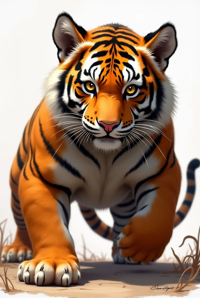 Young tiger, Imponent tiger, smalls eyes, Tiger Draw, Excited position, mouth closed, Serious Tiger, Drawing image