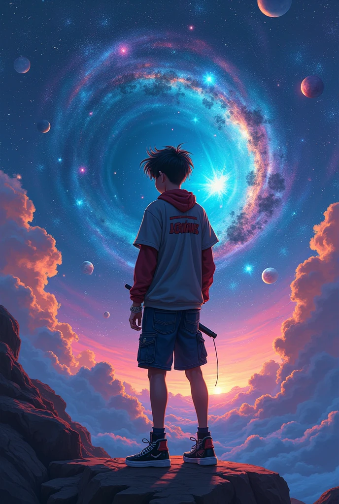 Anime style rapper looking at the universe 
