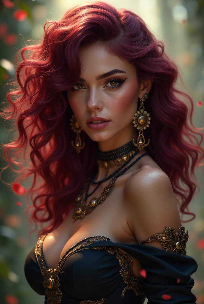 League of Legends character with wine red hair, Curly hair, light brown eyes