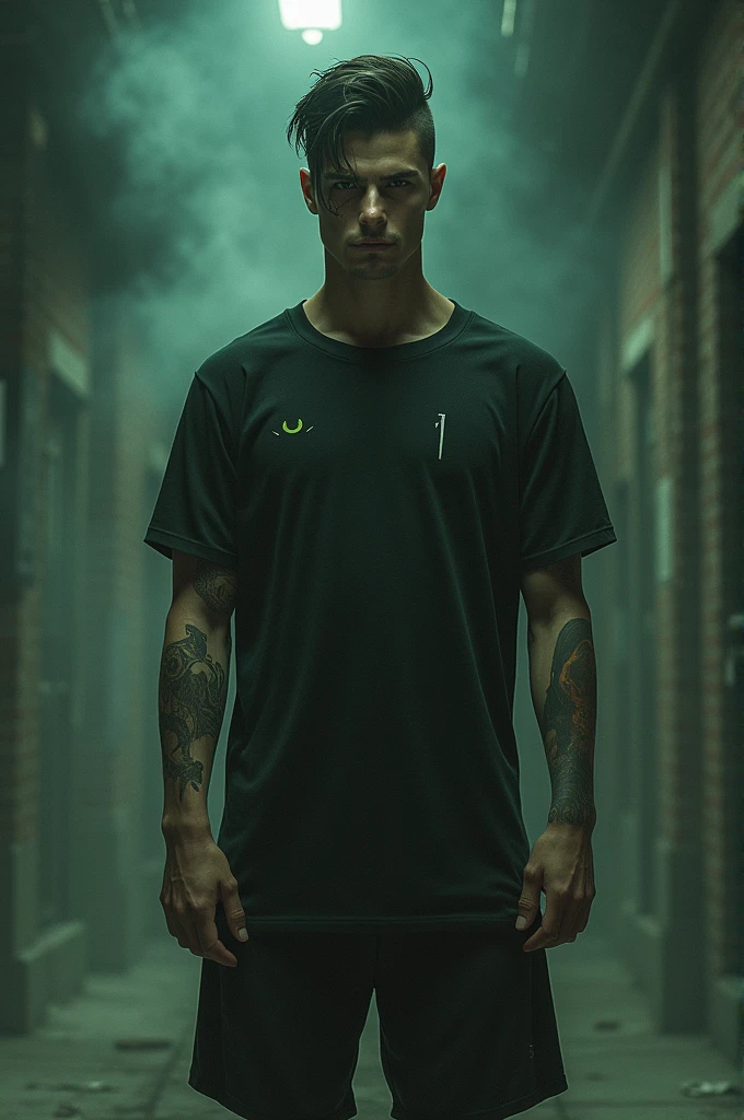 A green eye, revenge,arrogant,pervert,una sonrisa de arrogant una camiseta pantaloneta sport poder de super velocidad y una sicatris en la cara altura de 1.70m el padre mató a su mamá y quiere cobrar revenge qué sea guapo y un taper fader y una máscara negra con blanco