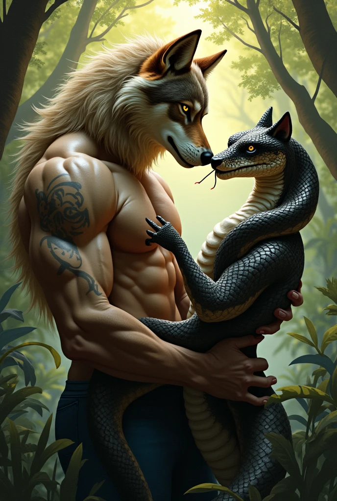 An anthropomorphic male wolf seducing a male snake