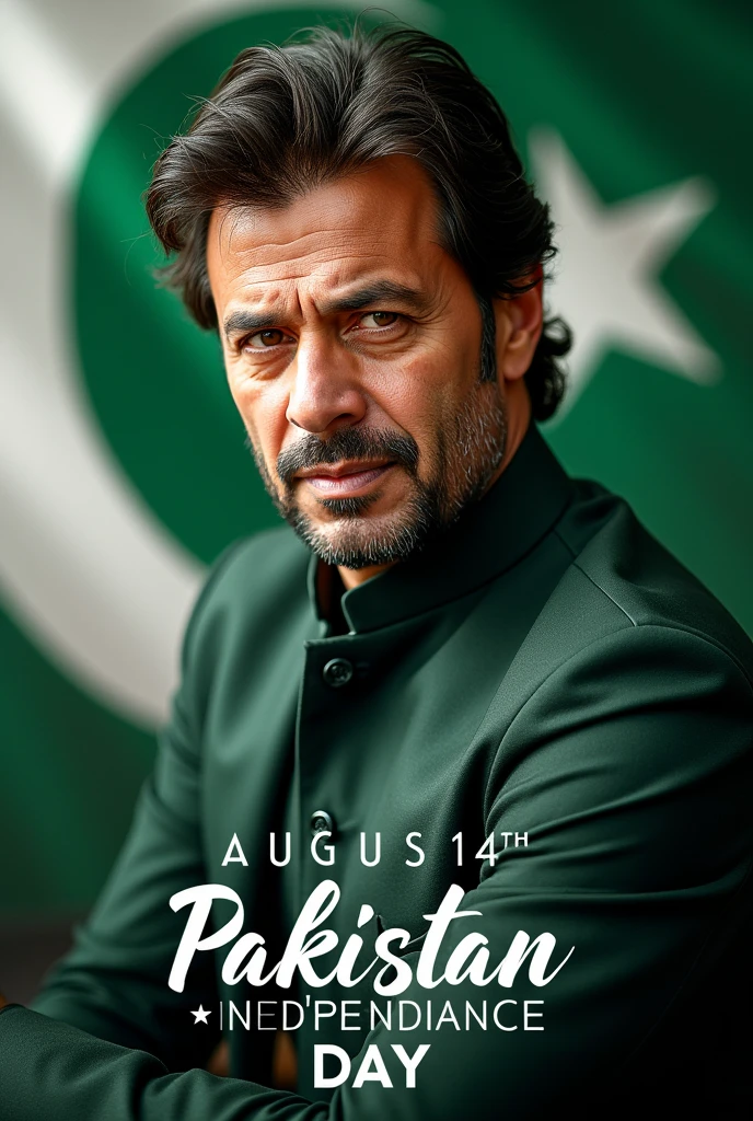 Create realistic illusion image A 20 years old boy is sitting on a king chair with attitude with Pakistan flag behind the chair and behind him the color of the wall is white on which “OSAMA” is written in golden. and also written Happy Independence Day” in clear letter written on small size on bottom
