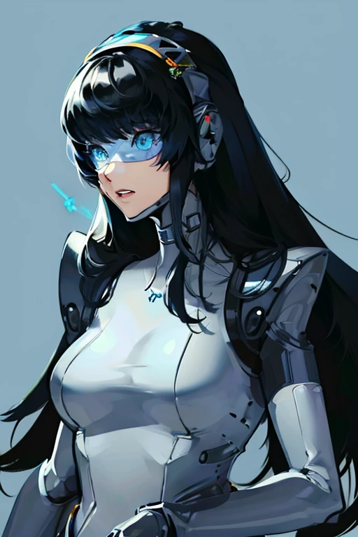 empty eyes,robotized woman ,big bust,Robot Joint ,Metal skin,Black Suit,long hair,a suit that covers the whole body,aegis(persona3)