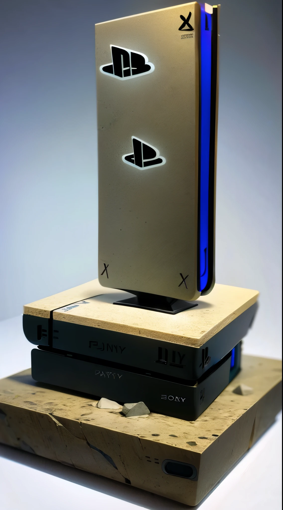 Game console, (NintendoSwitch and PlayStation combined), futuristic design, simple background, advertising game console, made of stone, ((stone monument design))